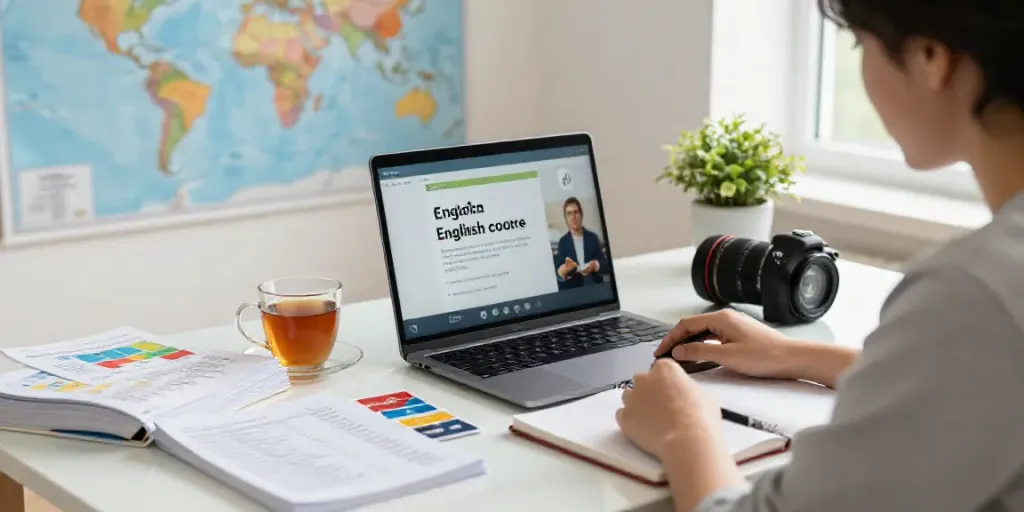 Young adult studying online in a bright home office, focused on English language learning with language resources and inviting atmosphere.