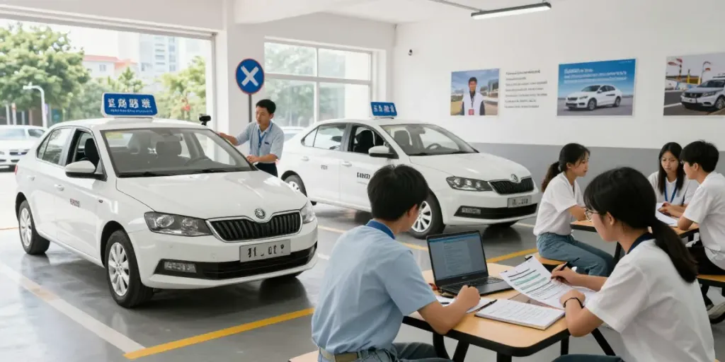 Students learning in an автошкола, practicing driving skills with expert instructors in modern Skoda vehicles.