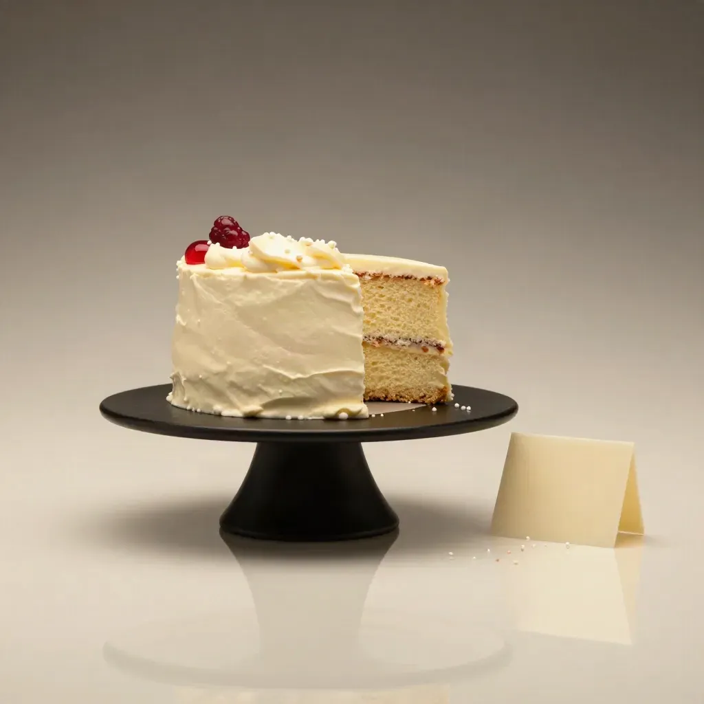 Suspended vanilla celebration cake with slice gap, sugar pearls, and berry-red accent on a dark base.