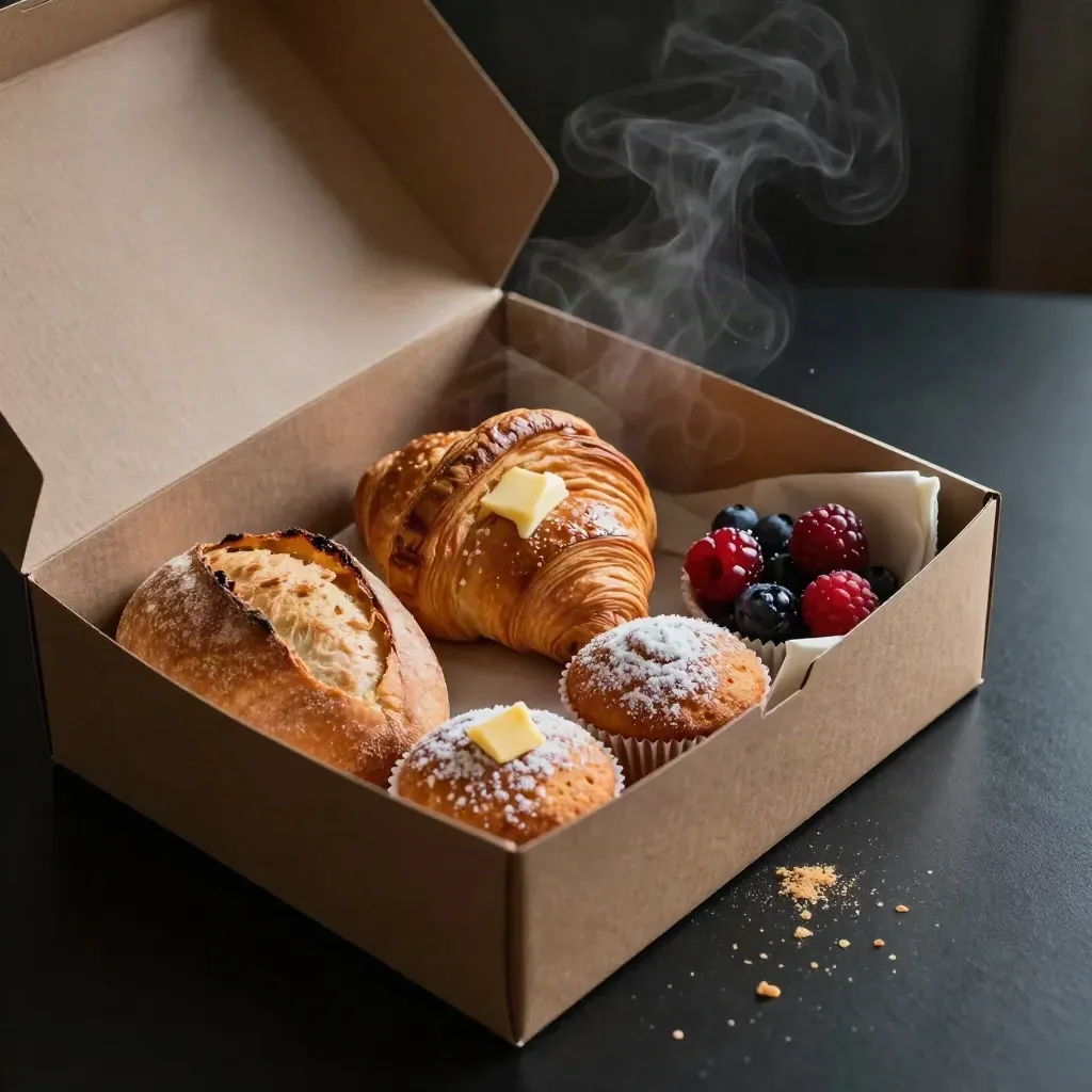 Open brunch box with pastries, muffins, berries and a napkin in dramatic studio light.
